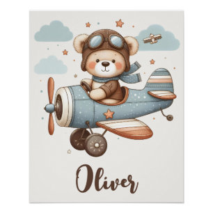 Whimsical Teddy Bear Pilot Personalised Poster