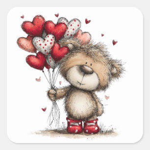 Whimsical Teddy Bear with Heart Balloons Square Sticker