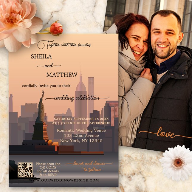 Whimsical Terra Cotta New York QR Photo Wedding Invitation (Creator Uploaded)