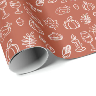 Whimsical Terracotta Cute Hand Drawn Thanksgiving Wrapping Paper
