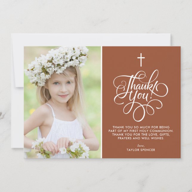 Whimsical Terracotta First Holy Communion Photo Thank You Card (Front)