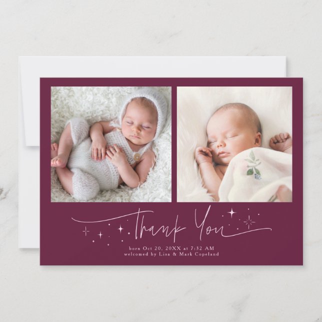 Whimsical Thank You Script Cranberry Birth Announcement (Front)
