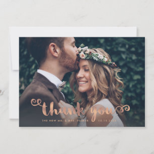 Whimsical Thanks   Wedding Photo Rose Gold Script Thank You Card