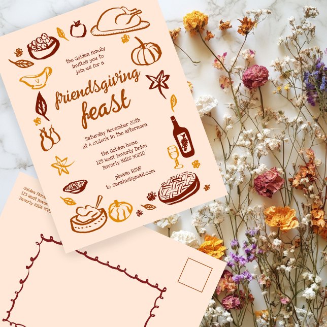 Whimsical Thanksgiving Friendsgiving Dinner Custom Postcard (Whimsical Thanksgiving Friendsgiving Dinner Custom Party Invitation Postcard
)