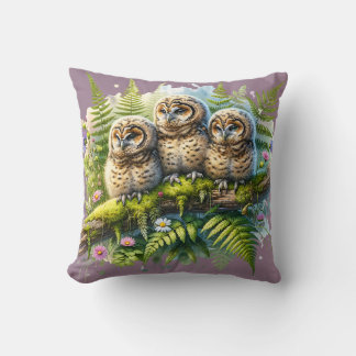 Whimsical Three Owls in Forest – Nature Art  Cushion
