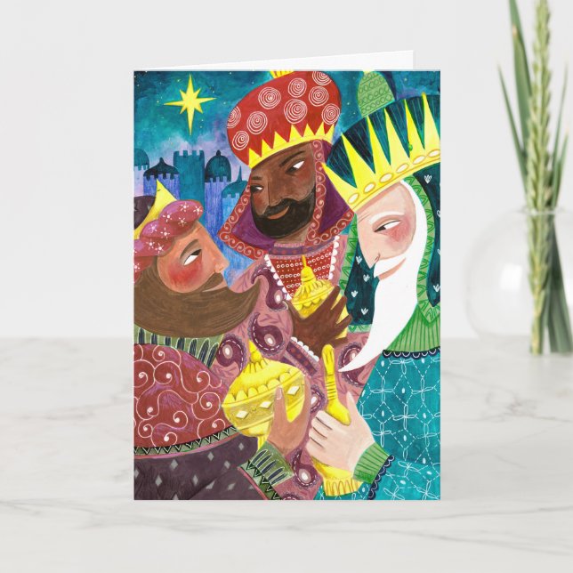 Whimsical Three Wise Men Kings with star and gifts Holiday Card (Front)