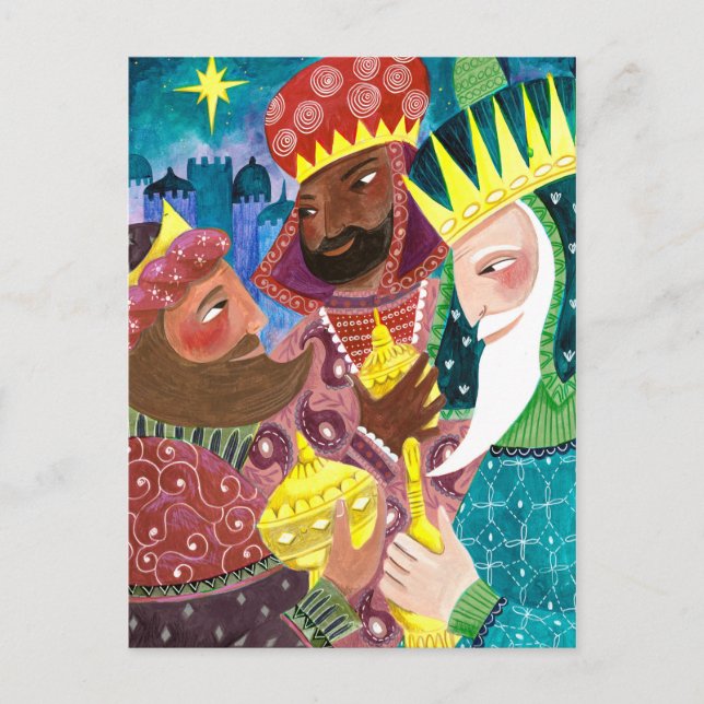 Whimsical Three Wise Men Kings with star and gifts Holiday Postcard (Front)