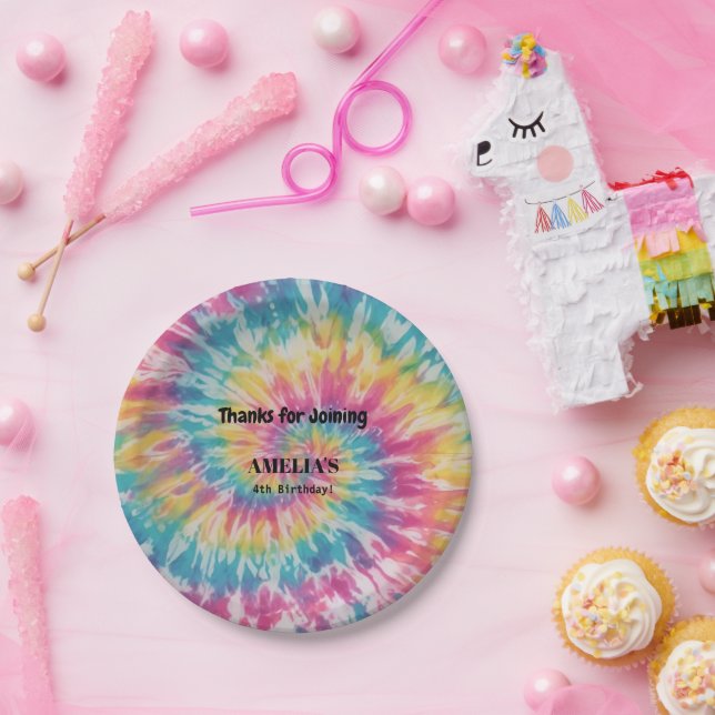 Whimsical Tie Dye Watercolor Rainbow Birthday Paper Plate (Party)