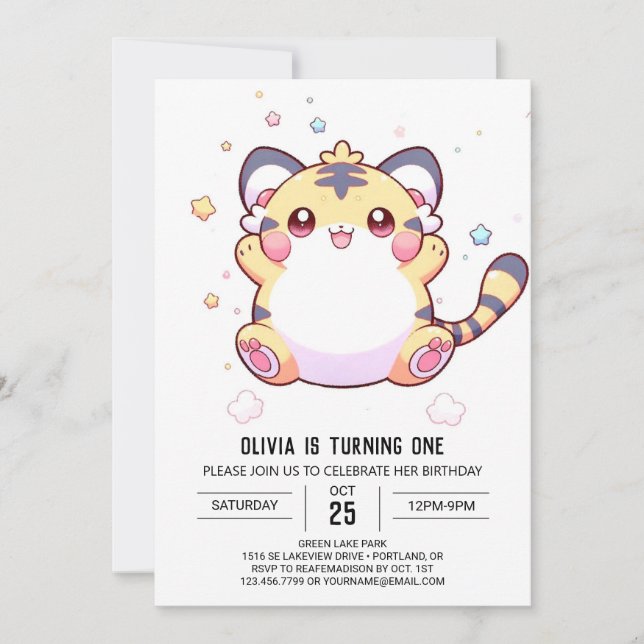 Whimsical Tiger 1st Birthday Invitation (Front)