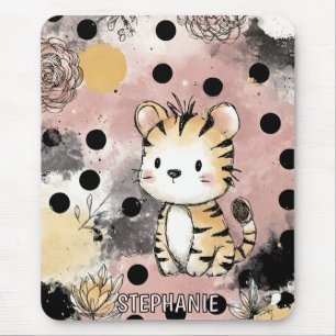 Whimsical Tiger Floral Watercolor Art Mouse Pad