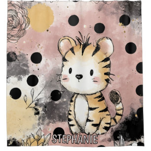 Whimsical Tiger Floral Watercolor Art Shower Curtain