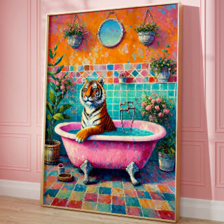 Whimsical Tiger in Pink Bathtub Boho Bathroom Art Poster