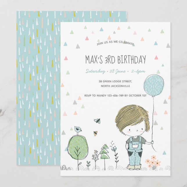 Whimsical Toddler BOY Kids Birthday Invitation (Front/Back)