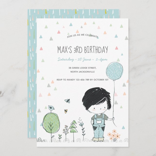 Whimsical Toddler BOY Kids Birthday Invitation (Front/Back)