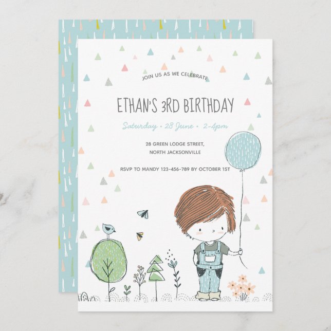 Whimsical Toddler BOY Kids Birthday Invitation (Front/Back)