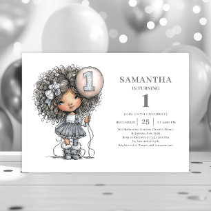 Whimsical Toddler Girl Black Gold 1st Birthday Invitation