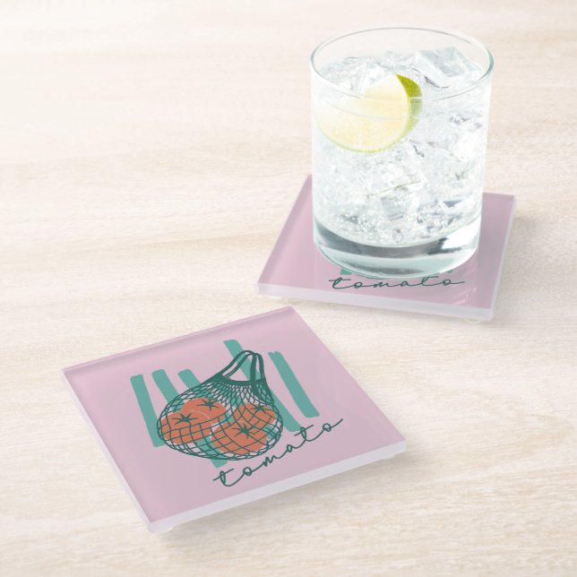 Whimsical Tomatos Italy Farmers Market Glass Coaster (Angled)