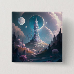 Whimsical Tower Landscape Fantasy Art 15 Cm Square Badge