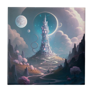 Whimsical Tower Landscape Fantasy Art Ceramic Tile