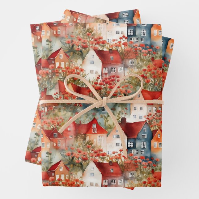 WHIMSICAL TOWN AND HOUSES GIFT  WRAPPING PAPER SHEET (In situ)