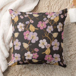 Whimsical Trailing Florals and Birds - Black/Grey Cushion