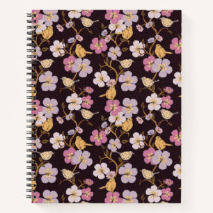 Whimsical Trailing Florals and Birds - Black/Red Notebook