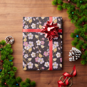 Whimsical Trailing Florals and Birds - Black/Red Wrapping Paper