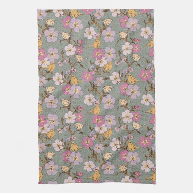 Whimsical Trailing Florals and Birds Kitchen Towel (Vertical)