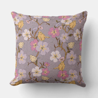 Whimsical Trailing Florals and Birds - Lavender Cushion