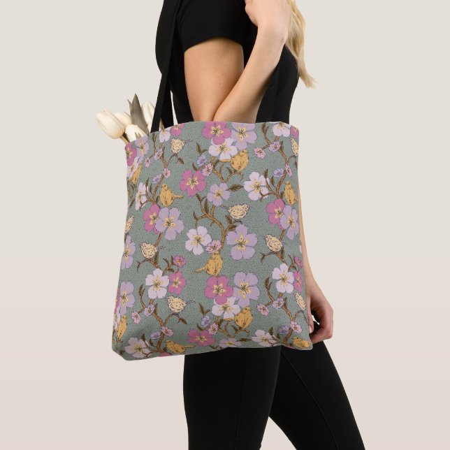 Whimsical Trailing Florals and Birds - Sage Green Tote Bag (Close Up)