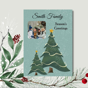 Whimsical Tree Blue Green Photo Holiday Card