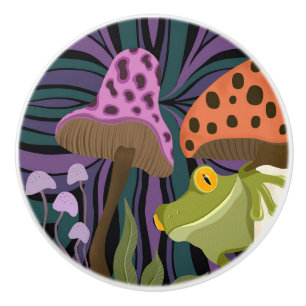Whimsical Tree Frog And Mushrooms Ceramic Knob