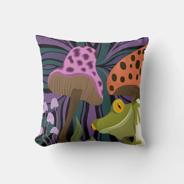 Whimsical Tree Frog And Mushrooms Cushion (Front)