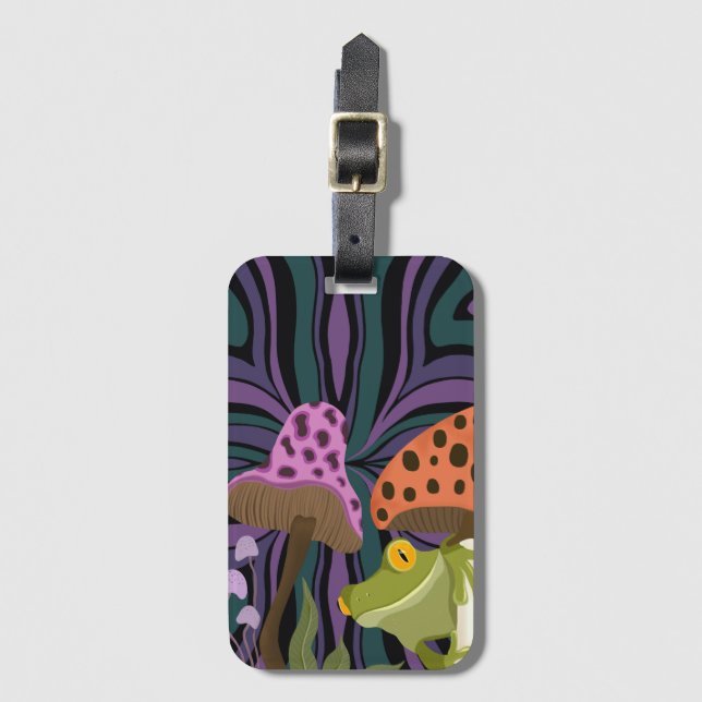 Whimsical Tree Frog And Mushrooms Luggage Tag (Front Vertical)