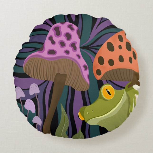 Whimsical Tree Frog And Mushrooms Round Cushion (Front)