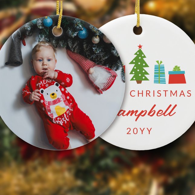 Whimsical Tree & Gifts 1st Christmas Photo Ceramic Ornament (Creator Uploaded)