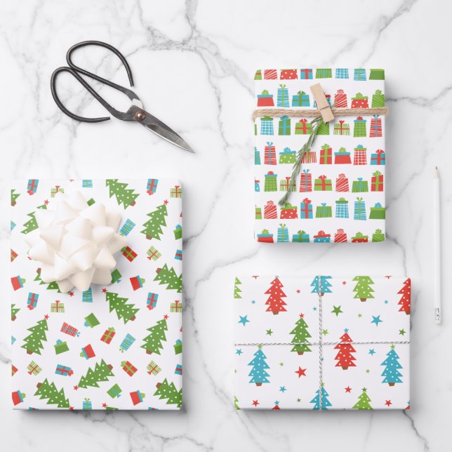 Whimsical Tree & Gifts Christmas Patterns Wrapping Paper Sheet (Front)
