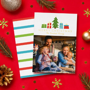 Whimsical Tree Gifts Gold Merry Christmas Photo Foil Holiday Card