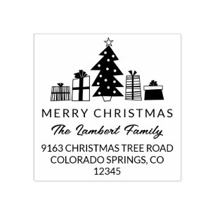 Whimsical Tree Merry Christmas Return Address Rubber Stamp