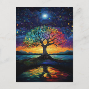 Whimsical Tree of Life Abstract Blue Rainbow Postcard