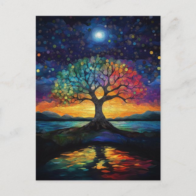 Whimsical Tree of Life Abstract Blue Rainbow Postcard (Front)
