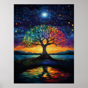Whimsical Tree of Life Abstract Blue Rainbow Poster