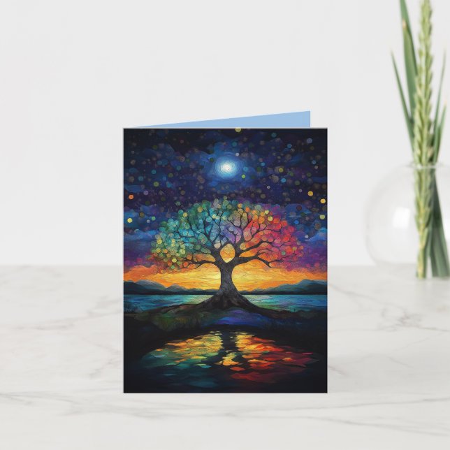 Whimsical Tree of Life Abstract Blue Rainbow Thank You Card (Front)