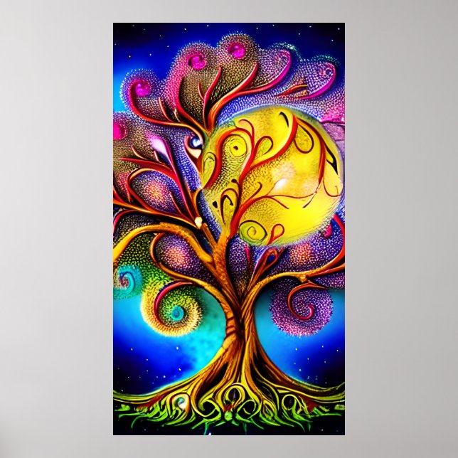 Whimsical Tree of Life with Full Moon Poster (Front)