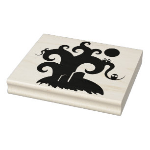 Whimsical Tree, Owls, Moon and Headstone Rubber Stamp
