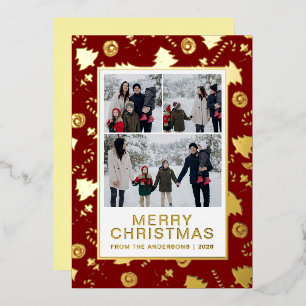 Whimsical Tree Swirl Doodles 3 Photo Christmas Foil Holiday Card