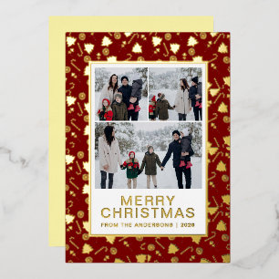 Whimsical Tree Swirl Doodles 3 Photo Christmas Foil Holiday Card
