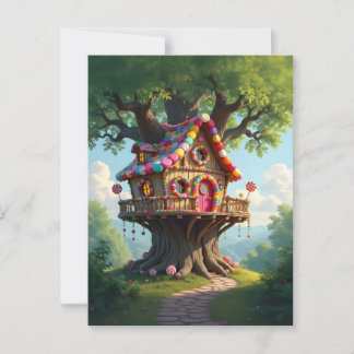 Whimsical Treehouse  With Colourful  Candies  Postcard
