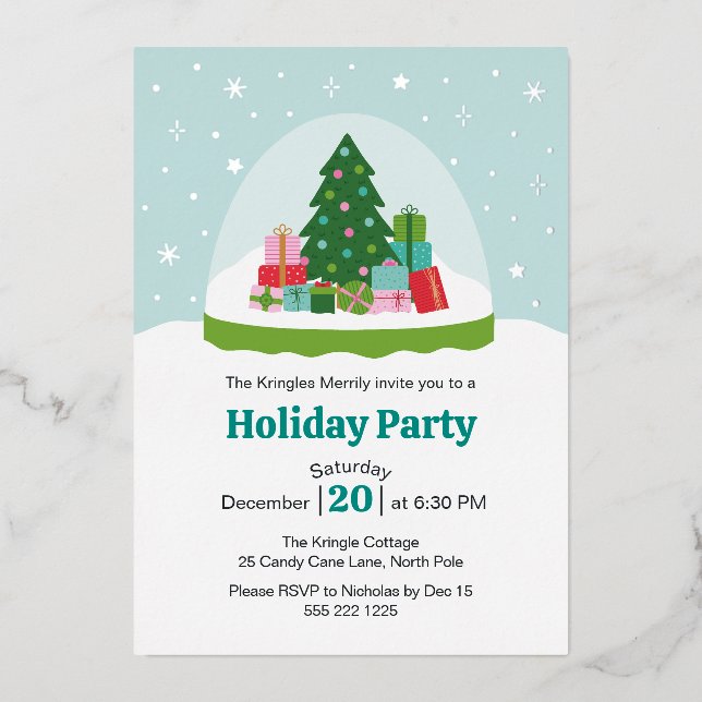 Whimsical Trees and Gifts Snow Globe in Aqua Blue (Front)