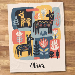 Whimsical Tribal Animals Floral Folk Art Fleece Blanket